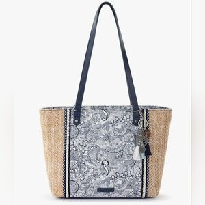Sak Root Floral Navy Canvas & Straw Tote Bag,Euc